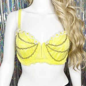 Handmade Custom Neon Yellow Floral Chain Underwire Sheer Bra 38C